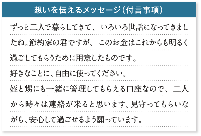 �z����`���郁�b�Z�[�W�i�t�������j�����Ɠ�l�ŕ�炵�Ă��āA���낢�됢�b�ɂȂ��Ă��܂����ˁB�ߖ�Ƃ̌N�ł����A���̂����͂��ꂩ������邭�߂����Ă��炤���߂ɗp�ӂ������̂ł��B�D���Ȃ��ƂɁA���R�Ɏg���Ă��������B�ÂƉ��ɂ��ꏏ�ɊǗ����Ă��炦������Ȃ̂ŁA��l���玞�X�͘A��������Ǝv���܂��B������Ă��炢�Ȃ���A���S���ĉ߂�����悤����Ă��܂��B